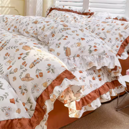 Juego de cama floral estilo princesa de cuatro piezas con encaje verde