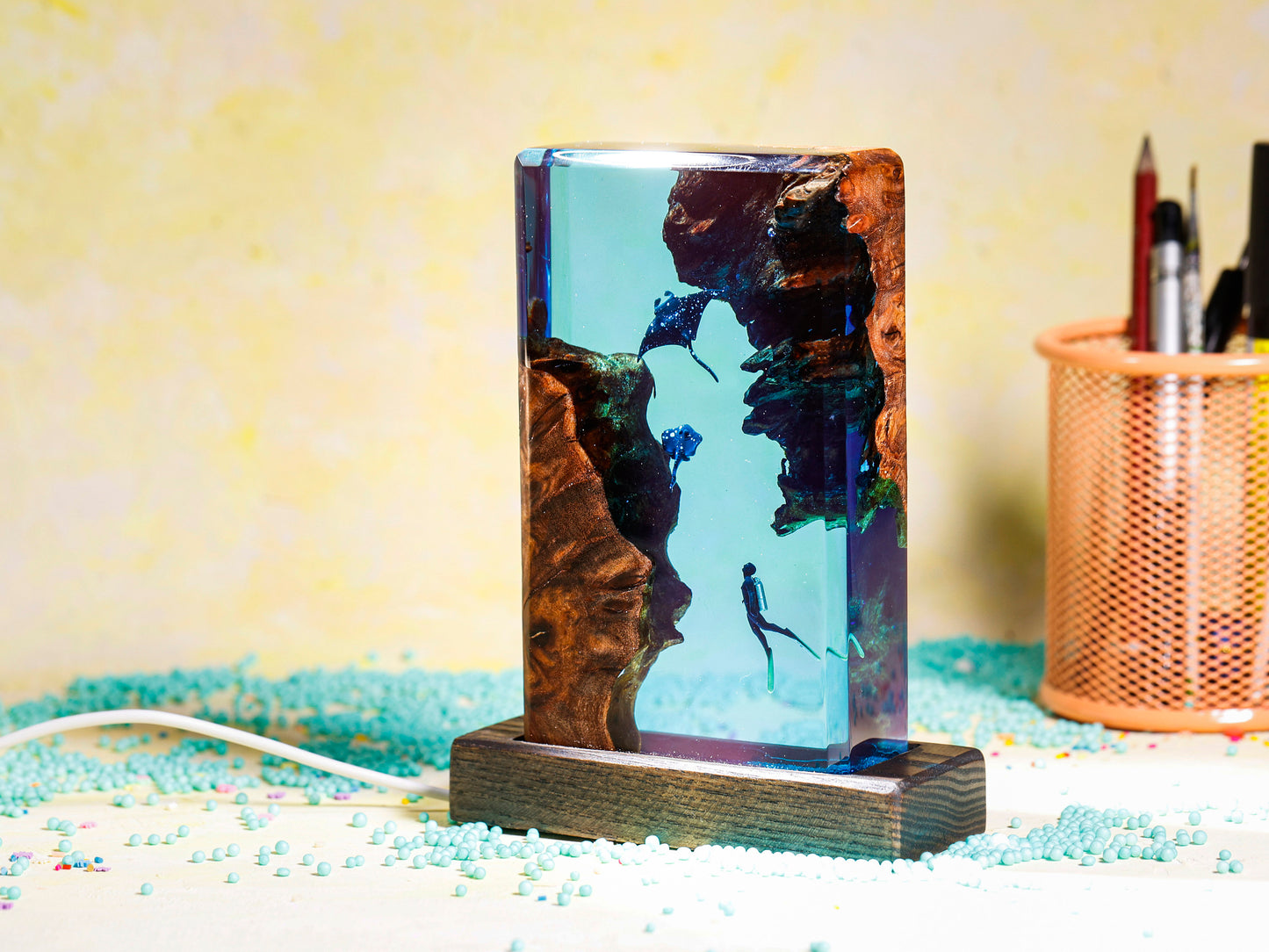 Square Wood Resin Ocean Small Night Lamp