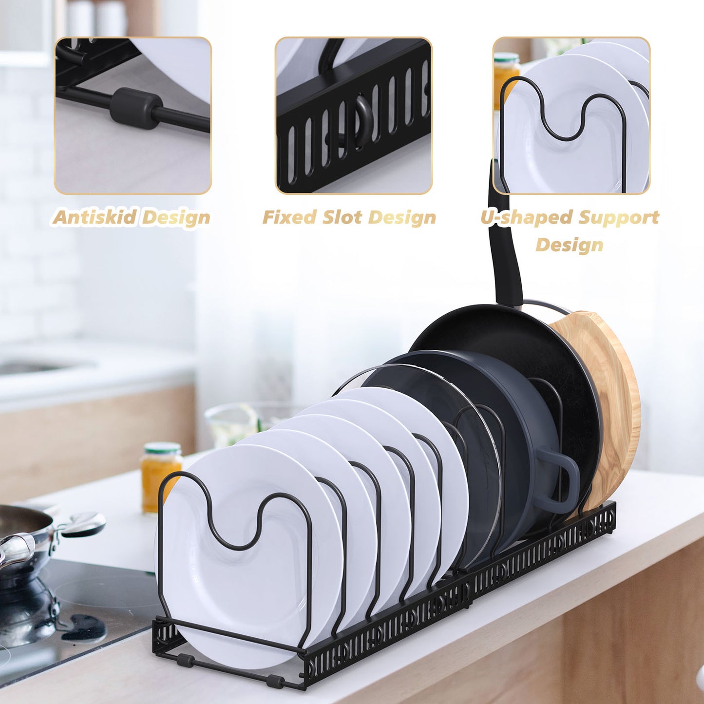 Support de rangement extensible pour casseroles, support de couvercle de casserole et de poêle avec 10 séparateurs réglables, rangement de couvercle de casserole pour ustensiles de cuisson, noir 