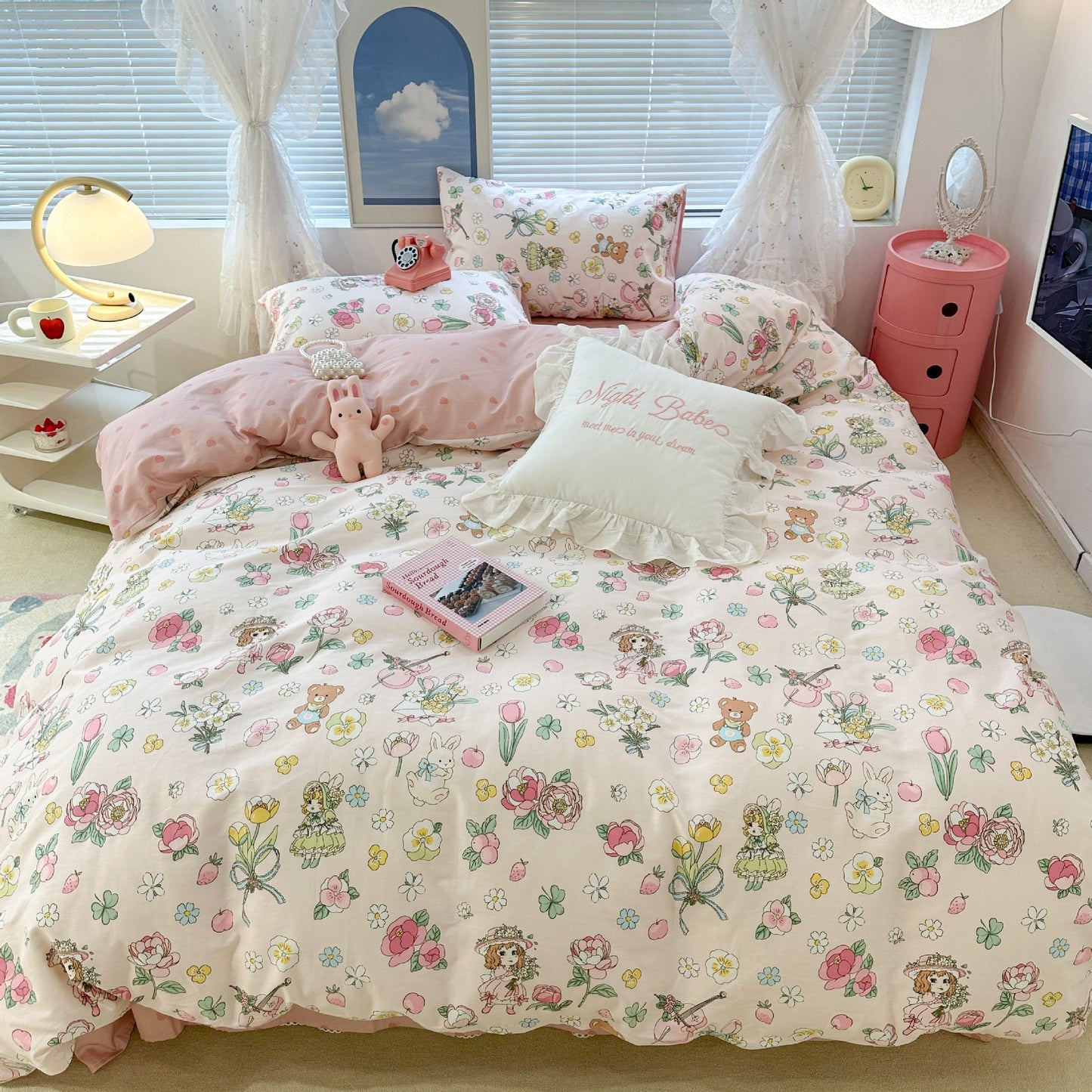 Ensemble de quatre pièces en coton, lapin Floral mignon, housse de couette en coton pastorale, drap de lit, ensemble de trois pièces