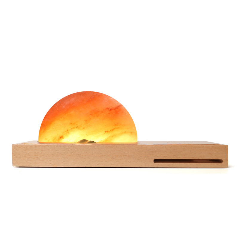 Sunrise Oriental led gift table lamp salt lamp with mobile phone wireless charging solid wood base mineral salt lamp shade