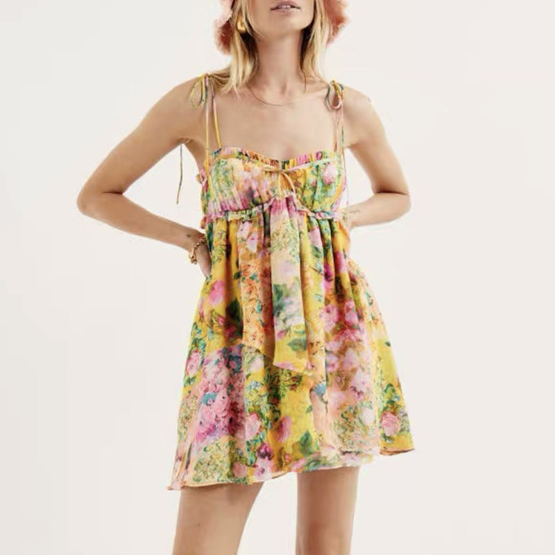 Y2K Vestido con tirantes con estampado de flores Moda de verano Vestidos cortos con volantes para vacaciones en la playa Ropa para mujer