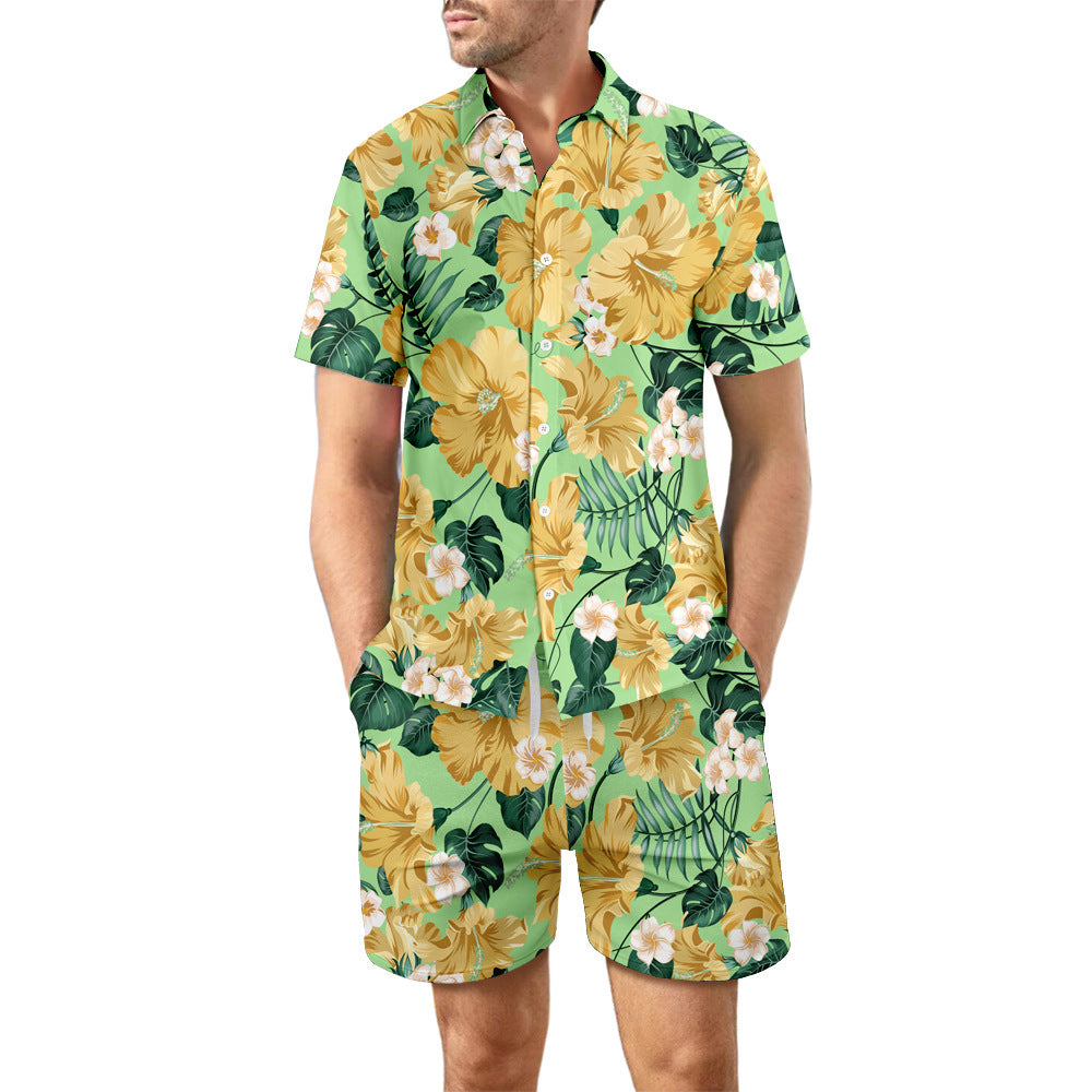 Camisa de playa estampada para hombre, traje de verano con solapa holgada, Top con botones y bolsillos con cordón, pantalones cortos, pantalón corto informal, trajes de manga, 2 uds.