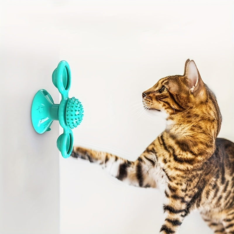 Nouveau moulin à vent pour chat, joli jouet interactif rotatif pour chat – Moulin à vent d'intérieur pour chat avec ventouse, herbe à chat et dents dentelées, boule centrale, jouet d'exercice rotatif pour chaton intelligent, brosse à dents et masseur 