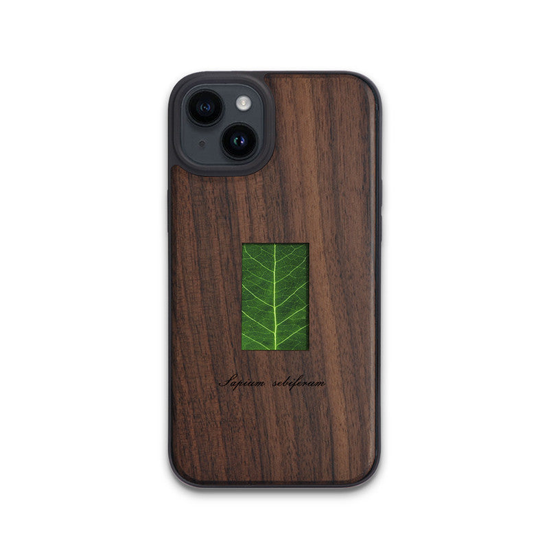 Étui de téléphone en bois massif avec spécimen de plante