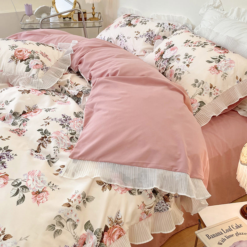 Washed Cotton Small Floral Quilt Cover, Four Piece Bed Sheet Set