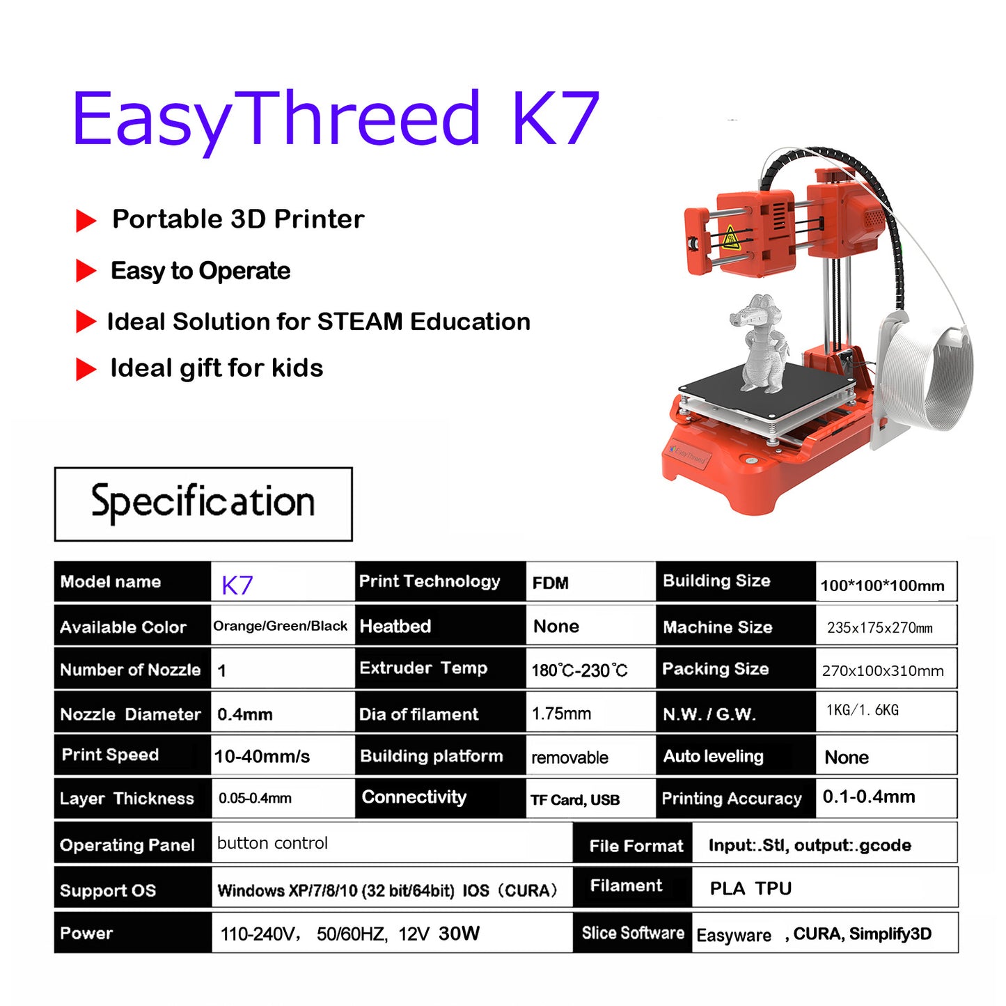 Impresora 3D EasyThred K7 Mini pequeña de escritorio