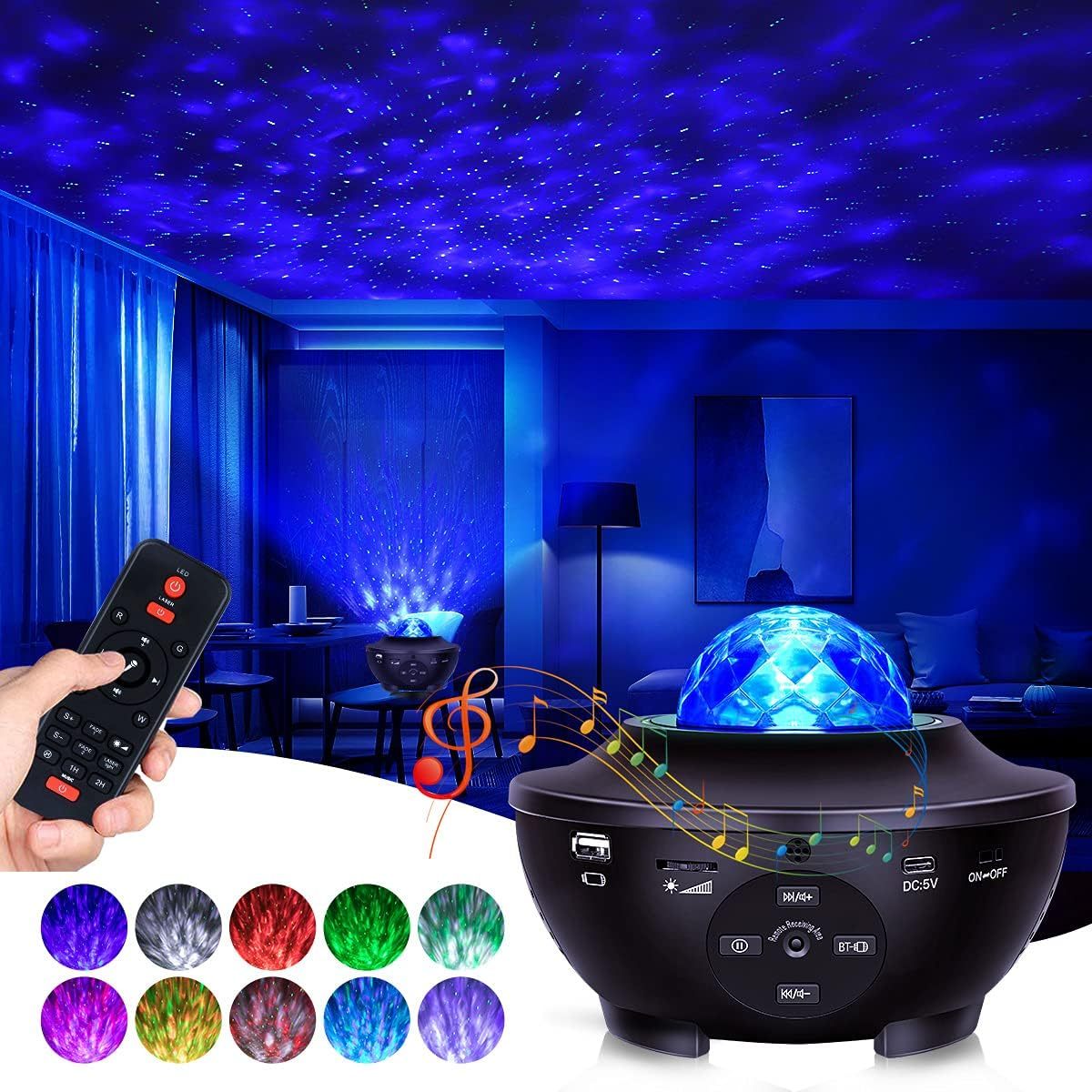 USB LED Star Night Light Music Starry Water Wave LED Projector Light Bluetooth Projector Sound-Activated Projector Light Decor