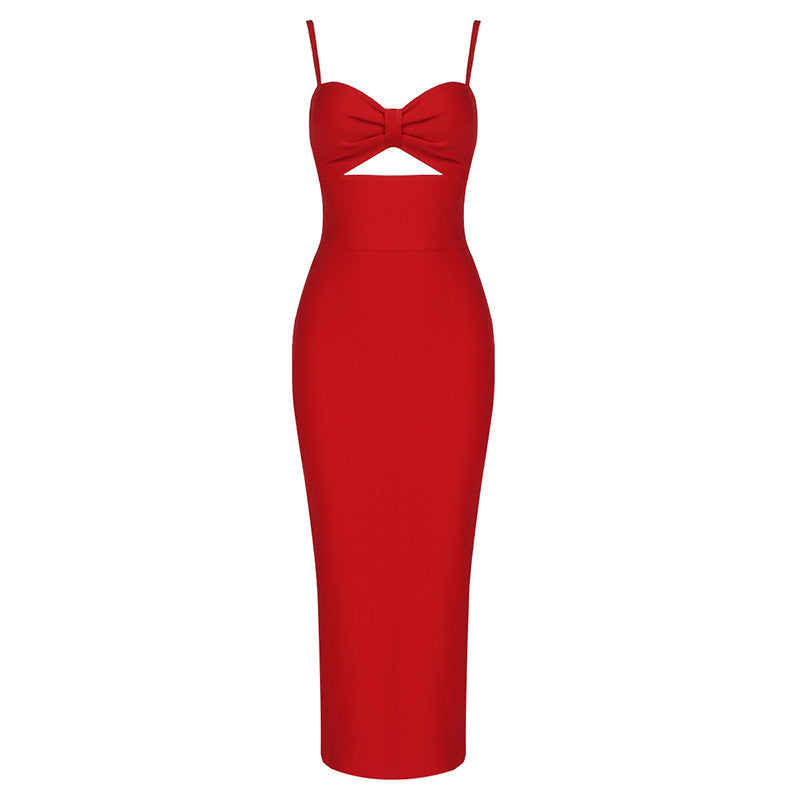 Fashion Waist Hollow Design New Sexy Solid Color V-Neck Halter Celebrity Party Club Bandage Long Dress