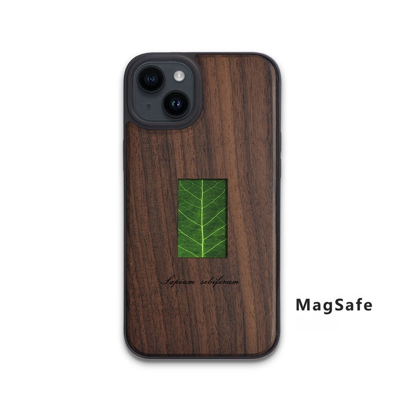 Estuche para teléfono de madera maciza con ejemplar de planta