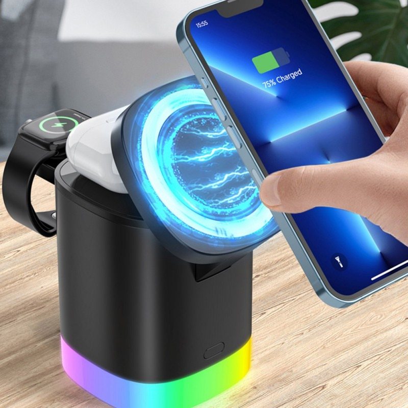 Chargeur rapide magnétique sans fil 3 en 1, pour smartphone, Station de charge à lumière ambiante RGB, pour Airpods IWatch