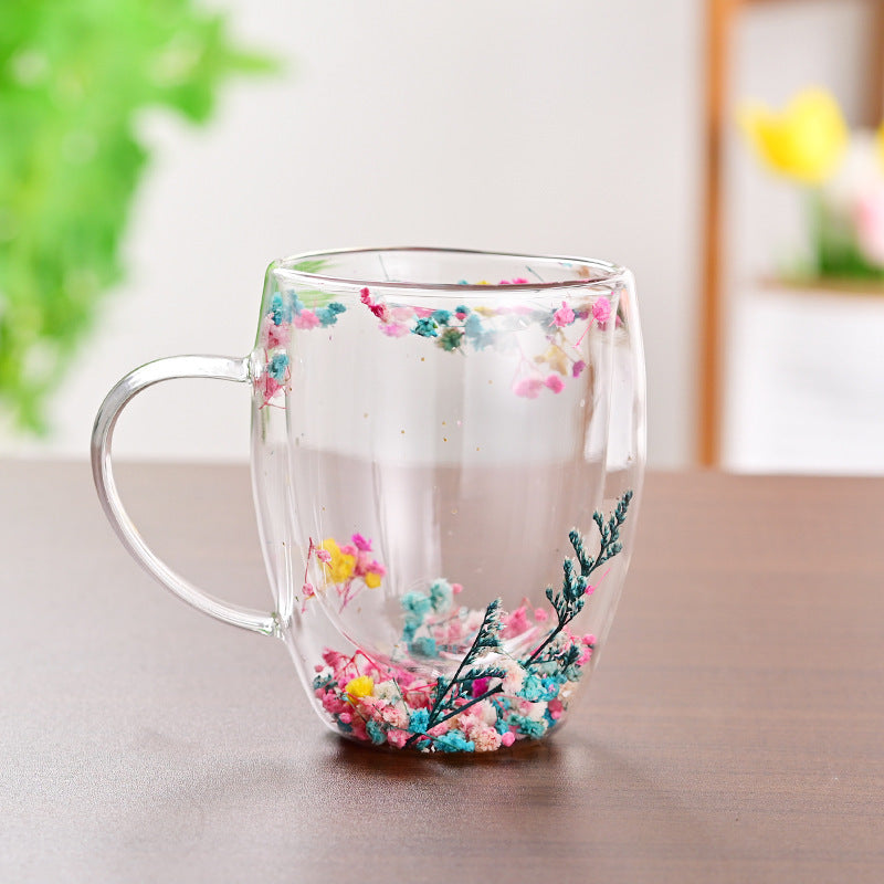 Taza de vidrio de doble capa con arena movediza y flores secas, leche y café creativo para el hogar