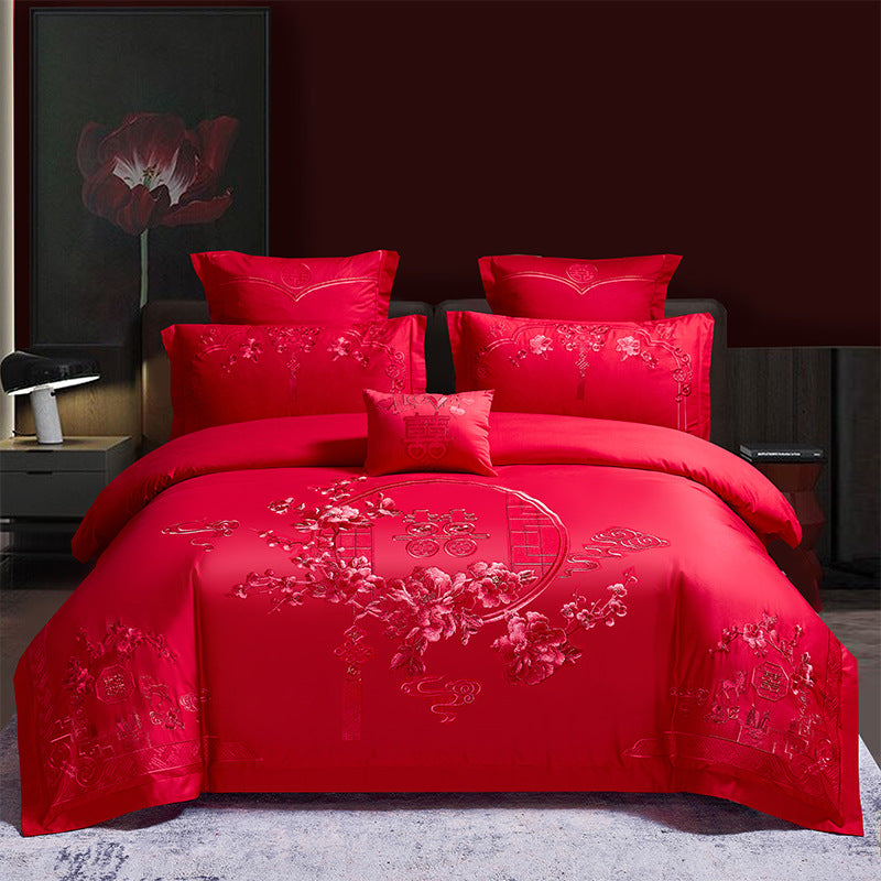 Ensemble de quatre pièces de mariage rouge, vente en gros, literie brodée en coton pur, lit de mariage Xi, housse de couette Dragon et phénix