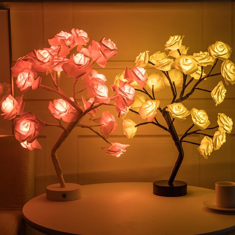 Rose fleur lampe USB LED à piles lampe de Table bonsaï arbre veilleuses guirlande chambre décoration lumières décor à la maison