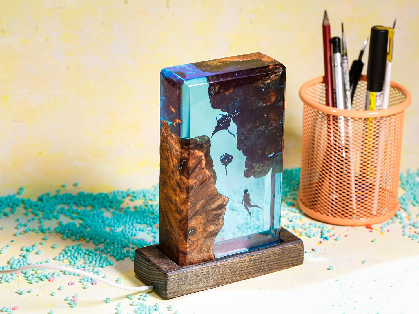 Square Wood Resin Ocean Small Night Lamp