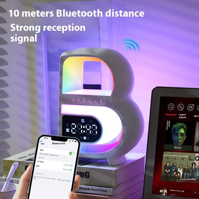 2024 Nouveau haut-parleur Bluetooth en forme de B Multifonctionnel Rythme de musique intelligent Éclairage Téléphone Chargeur sans fil Carte TF Entrée AUX Mode standard