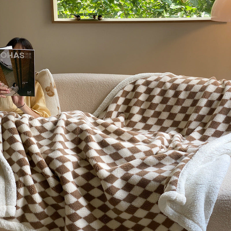 Vintage Chessboard Plaid Berber Fleece Blanket Thickened Warm Sofa Cover