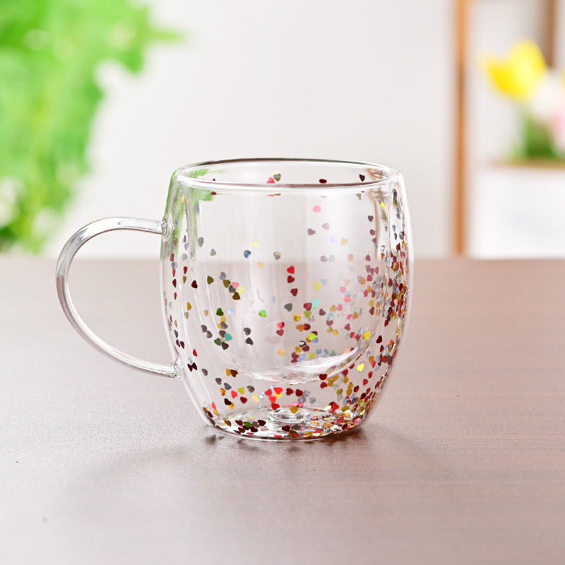 Taza de vidrio de doble capa con arena movediza y flores secas, leche y café creativo para el hogar