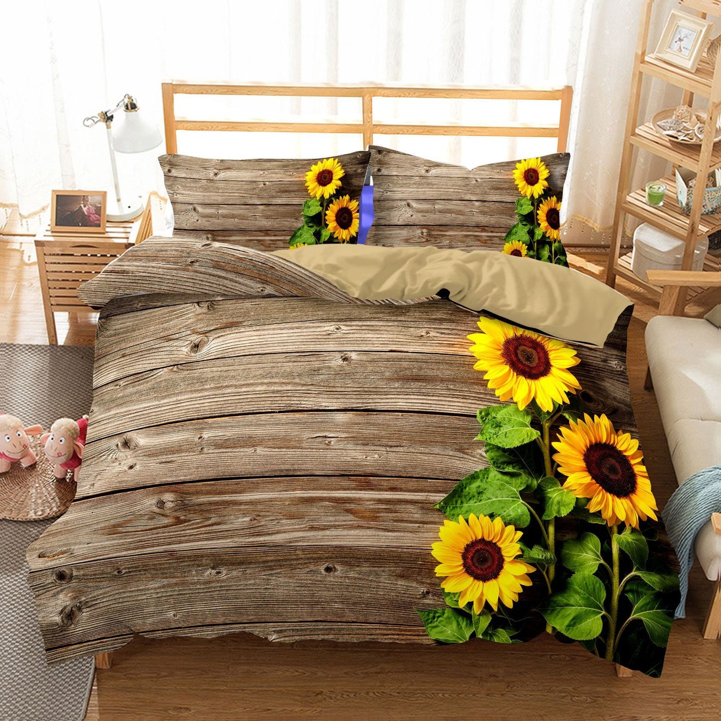 Funda de edredón de girasol de tres piezas Ropa de cama textil para el hogar