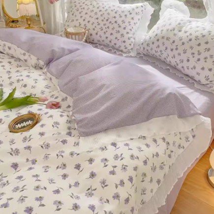 Juego de cama floral estilo princesa de cuatro piezas con encaje verde