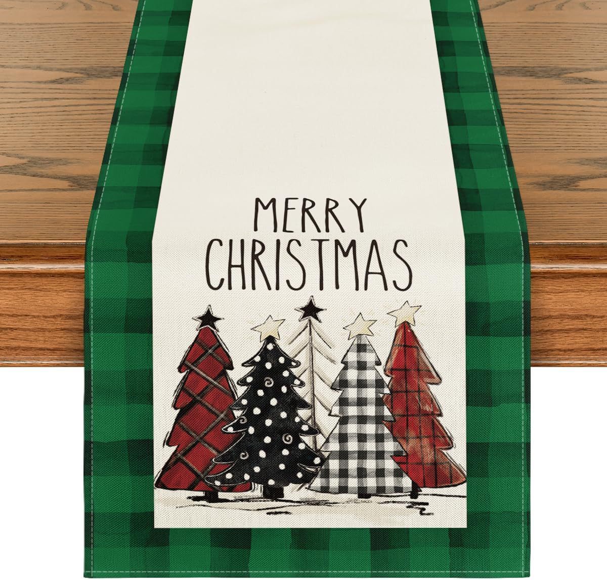 Christmas Trees Merry Xmas Table Runner, Seasonal Winter Holiday Kitchen Dining Table Decoration For Indoor Outdoor Home Party Decor 13 X 72 Inch