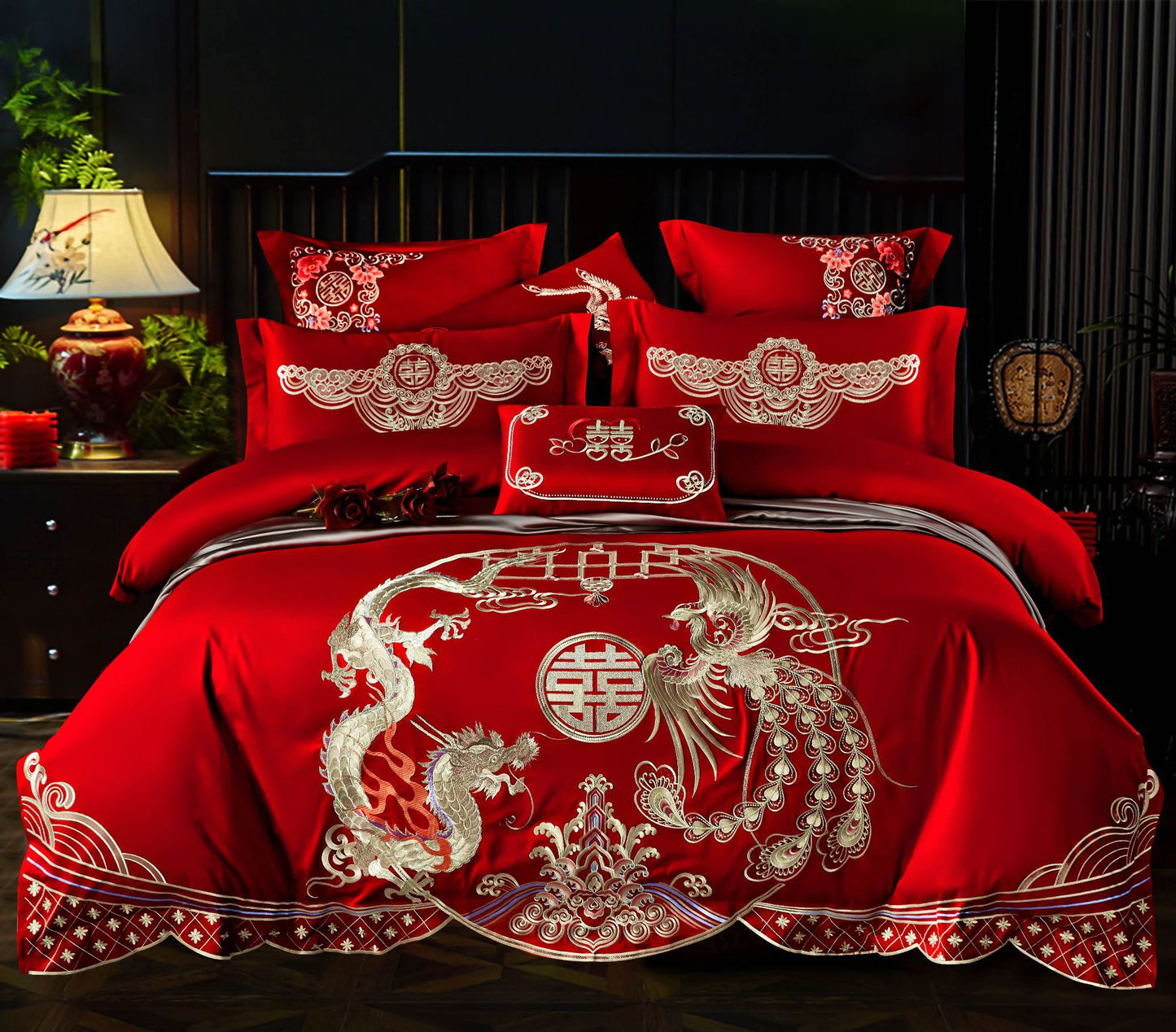 Ensemble de quatre pièces de mariage rouge, vente en gros, literie brodée en coton pur, lit de mariage Xi, housse de couette Dragon et phénix