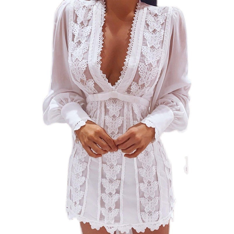 Robes blanches élégantes, Sexy, col en V, robe en dentelle, manches longues bouffantes, robe papillon pour femmes