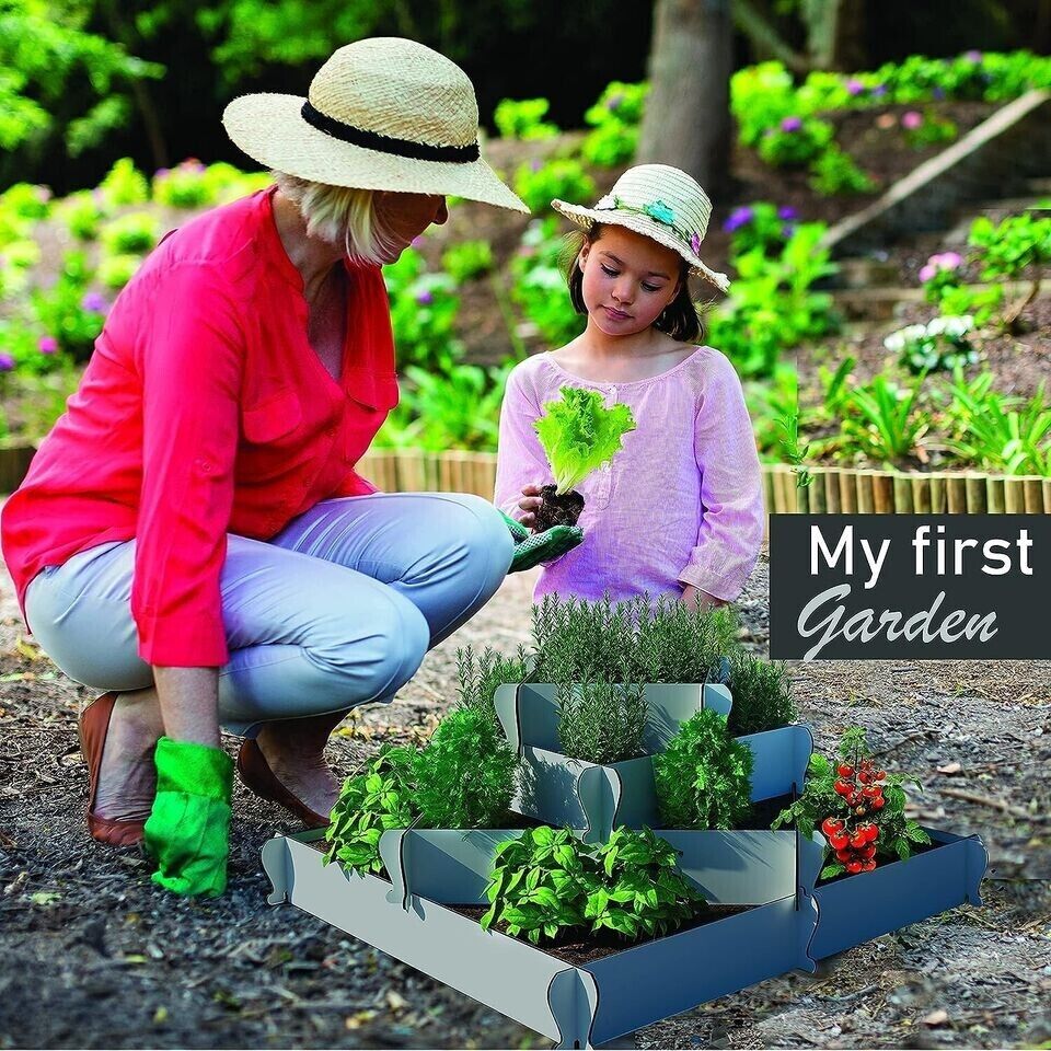 Plantas elevadas al aire libre, verduras, flores, macetero, cama de jardín