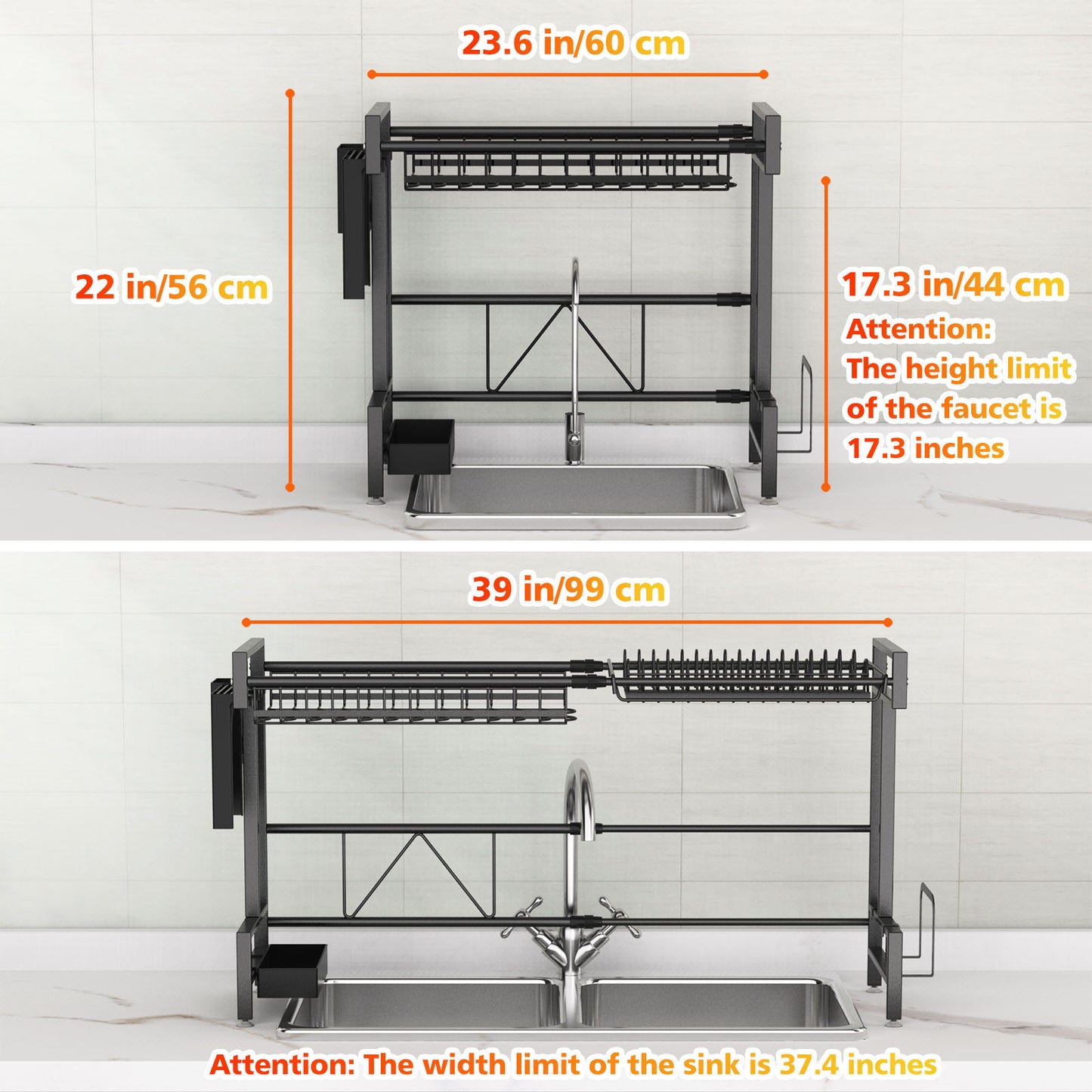 Égouttoir à vaisselle sur l'évier, égouttoirs à vaisselle à 2 niveaux en acier inoxydable pour comptoir de cuisine, grand égouttoir à vaisselle avec porte-ustensiles, support pour planche à découper, égouttoir de cuisine - Noir