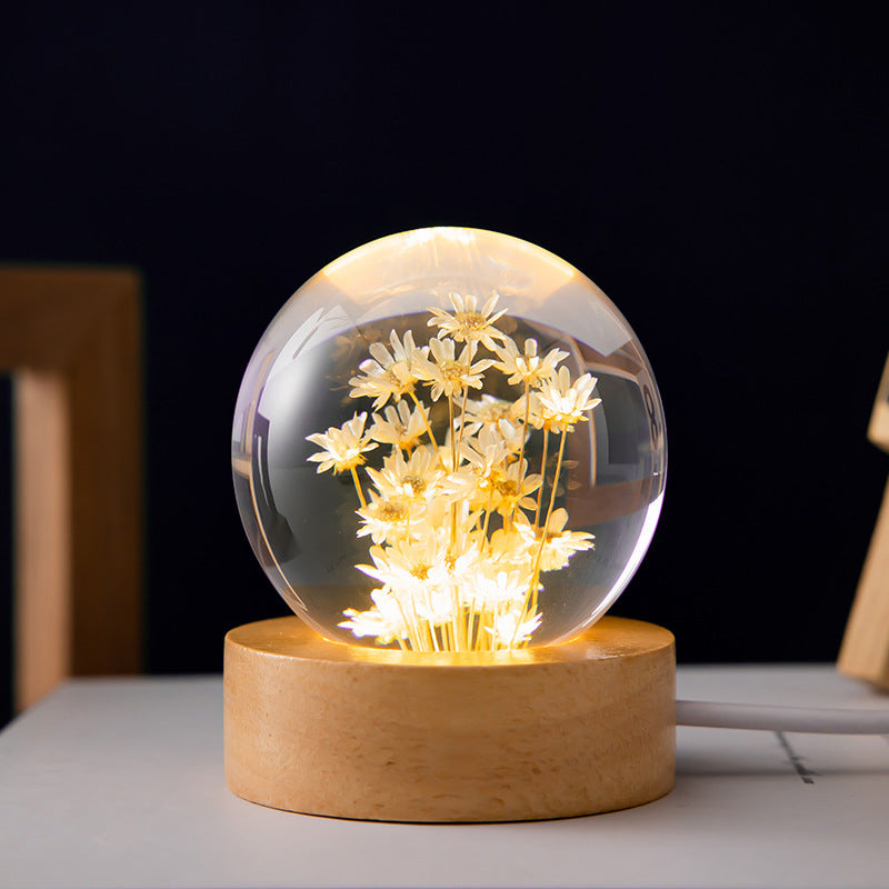 Bola de cristal luminosa de diente de león 3D, Base de madera de haya, esfera de flor preservada, adornos de escritorio, regalos de cumpleaños y Navidad