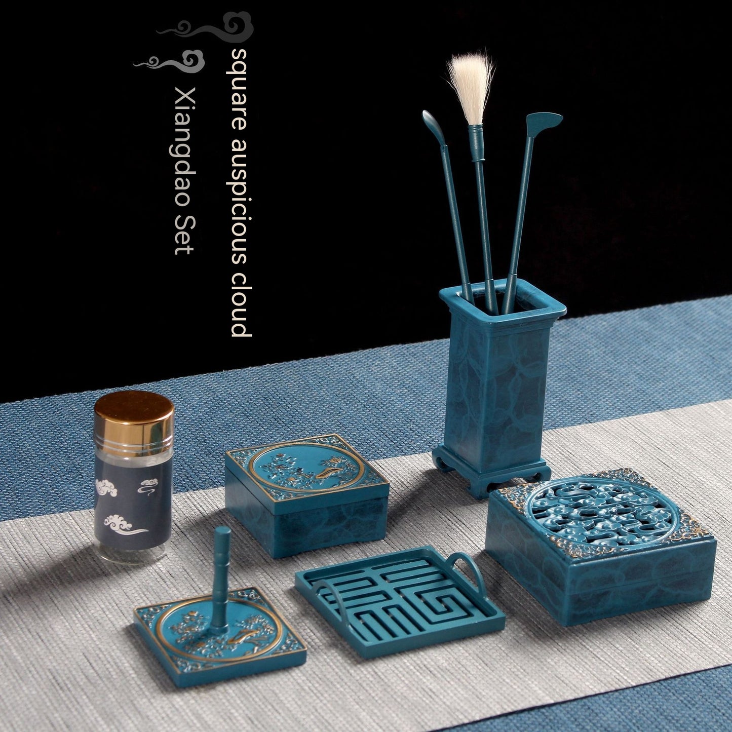 Blue Pure Copper Square Auspicious Cloud Incense Burner Set