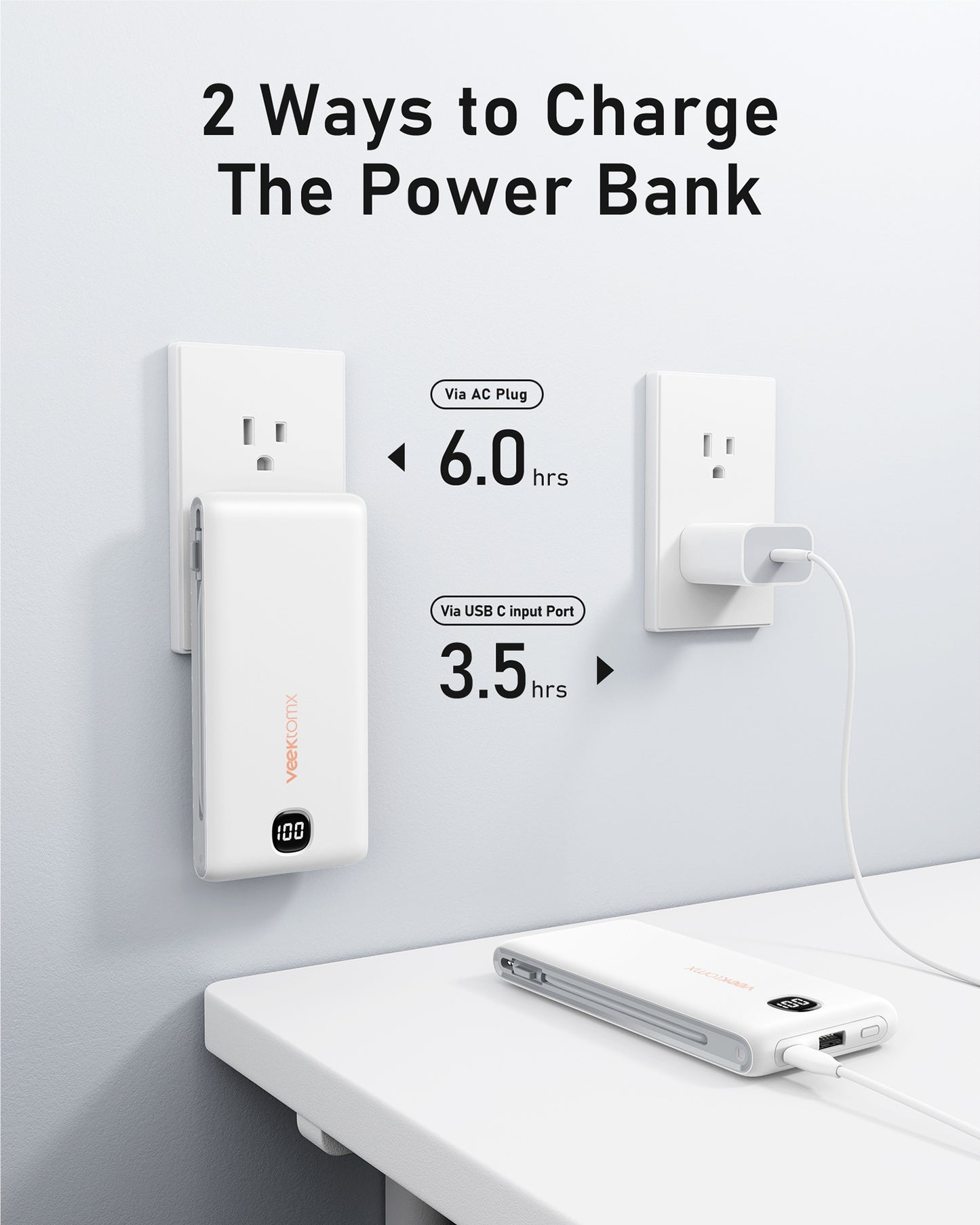 Banque d'alimentation avec câbles intégrés 10 000 mAh, chargeur portable avec prise murale CA intégrée, chargeur mince USB C à charge rapide avec affichage LED Com