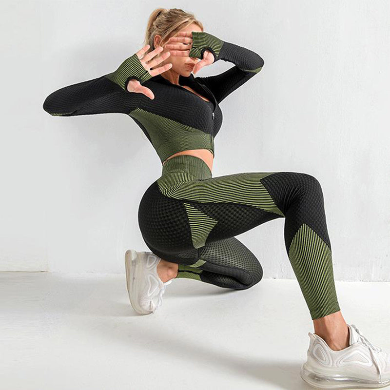 Ensemble de yoga 3 pièces sans couture, vêtements de sport pour femmes, leggings, haut court, soutien-gorge de sport, ensemble de fitness pour femmes, tenues pour femmes, survêtement