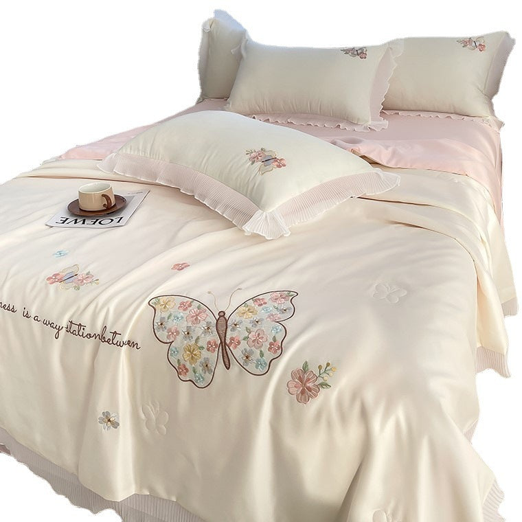 Korean Ice Silk Summer Quilt Four-piece Set Embroidery Lace Air Conditioning Cool Feeling Thin Duvet