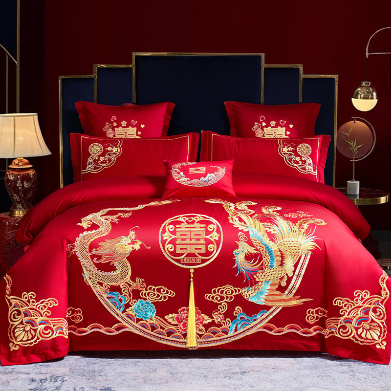 Ensemble de quatre pièces de mariage rouge, vente en gros, literie brodée en coton pur, lit de mariage Xi, housse de couette Dragon et phénix