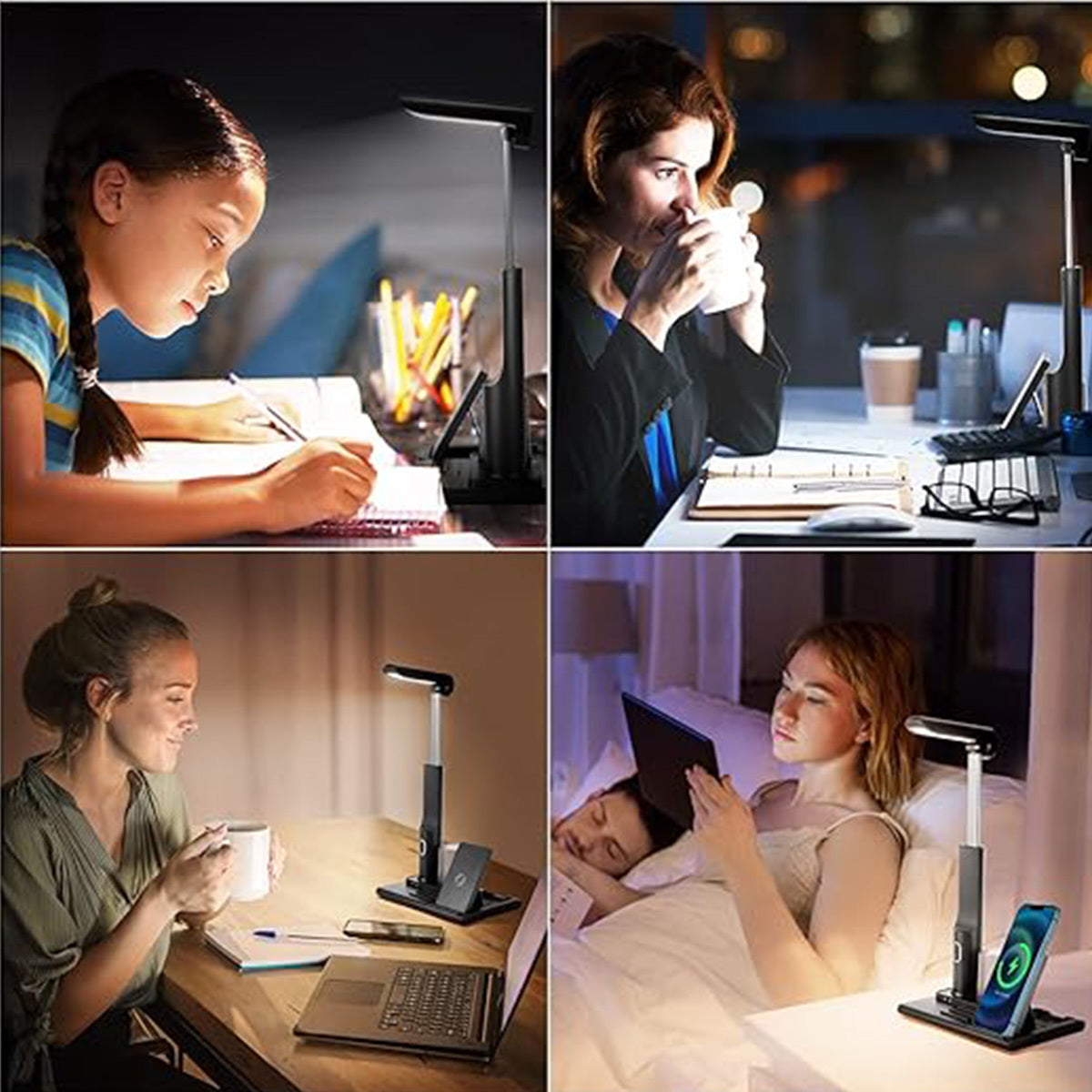 Lampe de bureau LED multifonctionnelle 3 en 1 avec chargeur sans fil rapide 15 W Port de chargement USB Lampe de bureau pour bureau à domicile Lampe de bureau pour dortoir Android Adaptateur de lampe de lecture non inclus