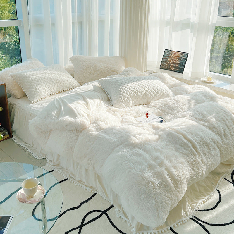 Milk Fiber Winter Mink Fur Bed Four-piece Long Wool Quilt Cover Coral Velvet Double-sided Plush Fleece-lined Quilted Bed Skirt Princess Style