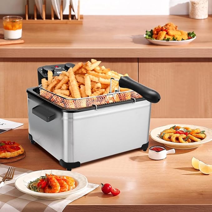 1800W 5 Liters 21 Cups Large Electric Deep Fryer With 3 Frying Baskets For Home Use, Adjustable Temperature,View Window Lid,Countertop Stainless Steel Body Deep Fryer Pot,Perfect For Kitchen, Fry Fish