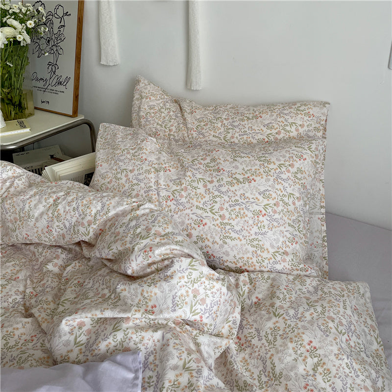 Juego de cama femenino de verano de 4 piezas con cama de algodón floral pequeña para jardín