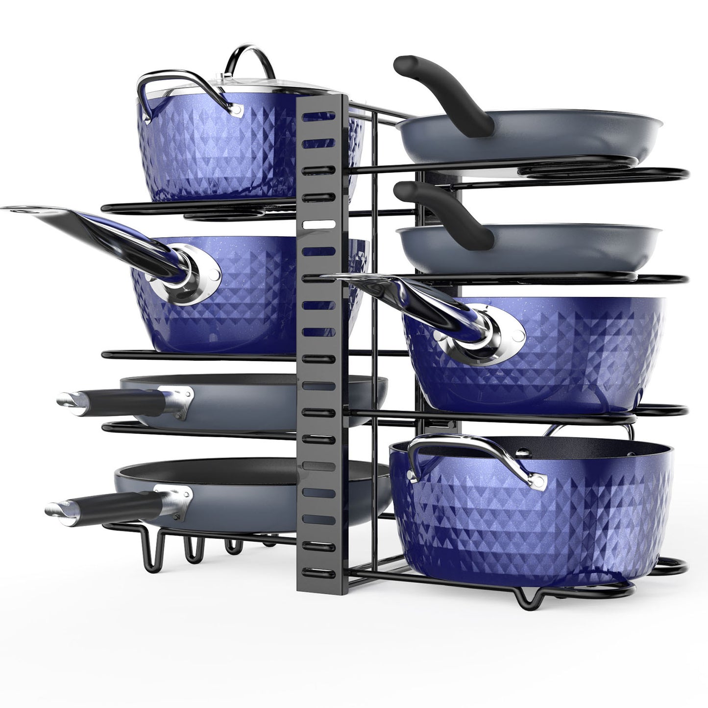 Organisateur de casseroles et poêles, supports de couvercles de casseroles et support de casseroles, plusieurs méthodes de bricolage, supports de casseroles à 8 niveaux, organisation et rangement de cuisine réglables pour casseroles et poêles. 