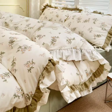 Juego de cama floral estilo princesa de cuatro piezas con encaje verde