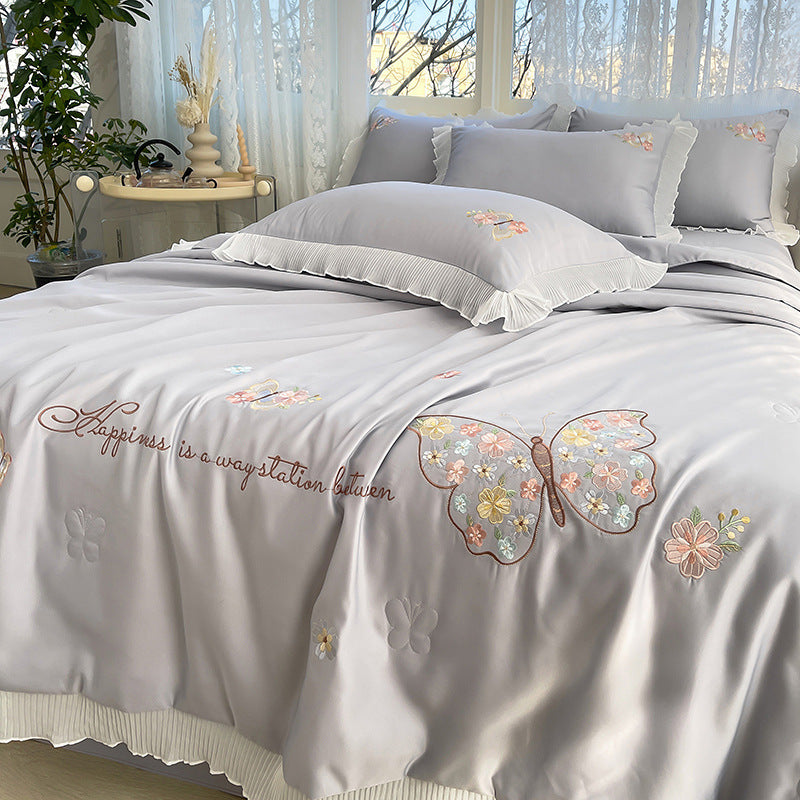 Korean Ice Silk Summer Quilt Four-piece Set Embroidery Lace Air Conditioning Cool Feeling Thin Duvet