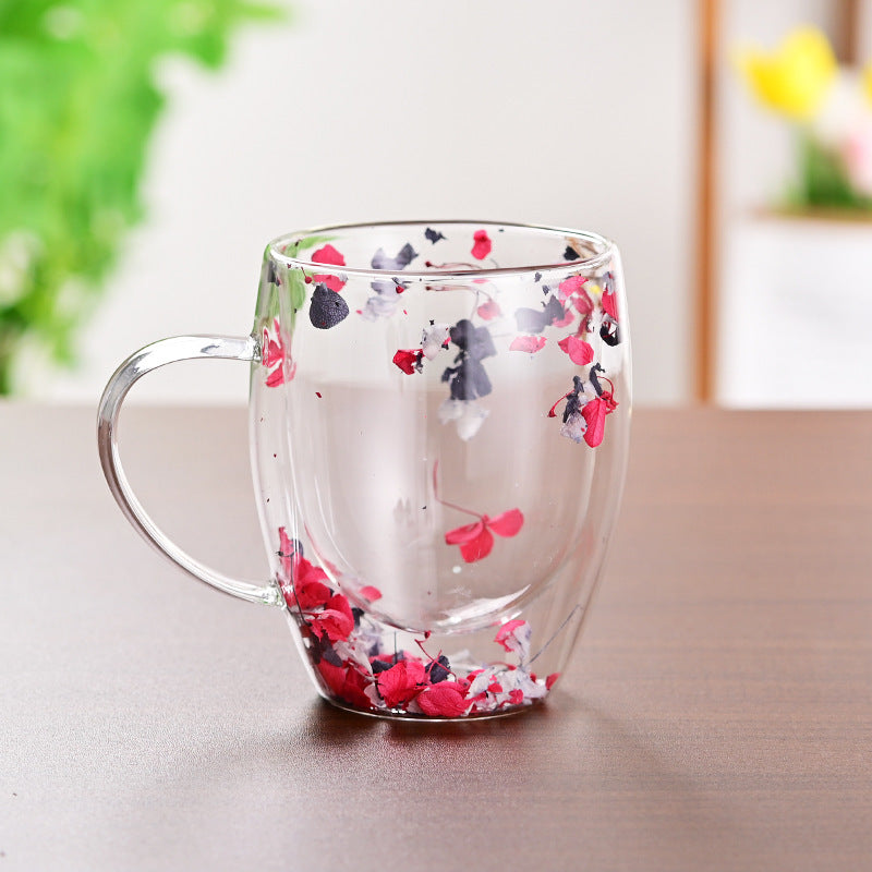 Taza de vidrio de doble capa con arena movediza y flores secas, leche y café creativo para el hogar