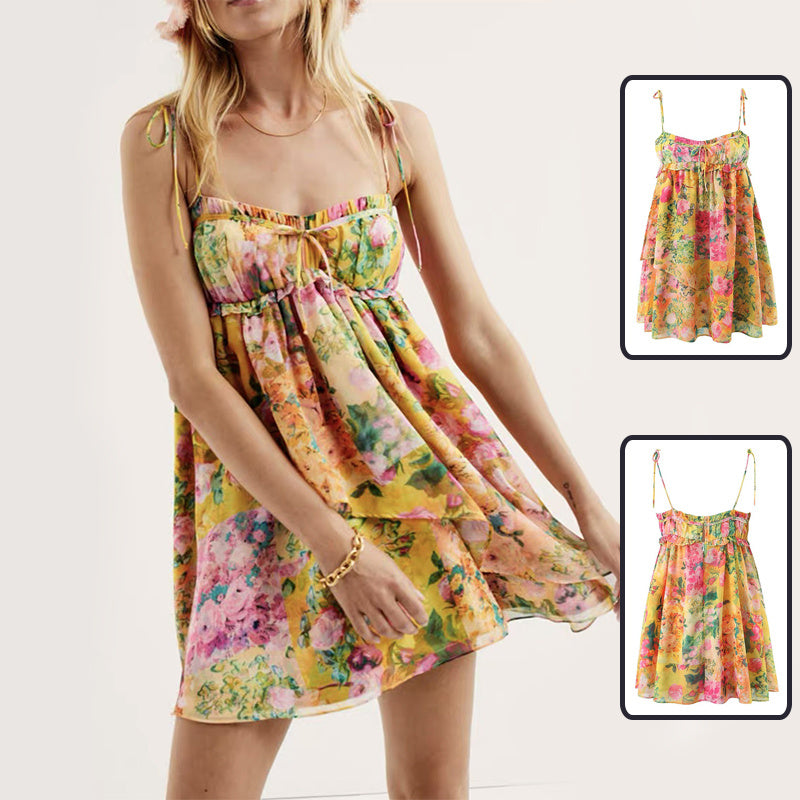 Y2K Vestido con tirantes con estampado de flores Moda de verano Vestidos cortos con volantes para vacaciones en la playa Ropa para mujer