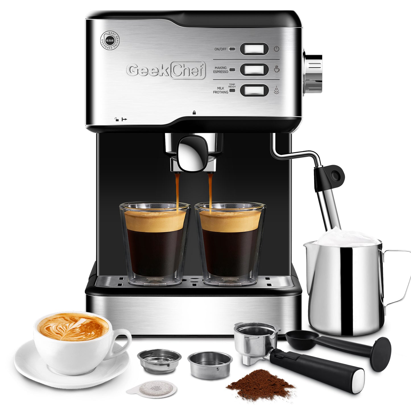 Geek Chef Máquina de café expreso, máquina de café espresso y capuchino, máquina de café con leche de 20 bares, compatible con filtro de cápsulas ESE POD y varilla de vapor de espumador de leche, 950 W, tanque de agua de 1,5 l, prohibición en Amazon 