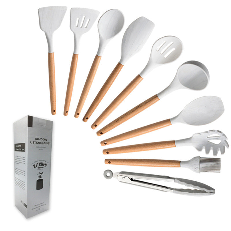 Ensemble d'ustensiles de cuisine en silicone avec manche en bois blanc marbré