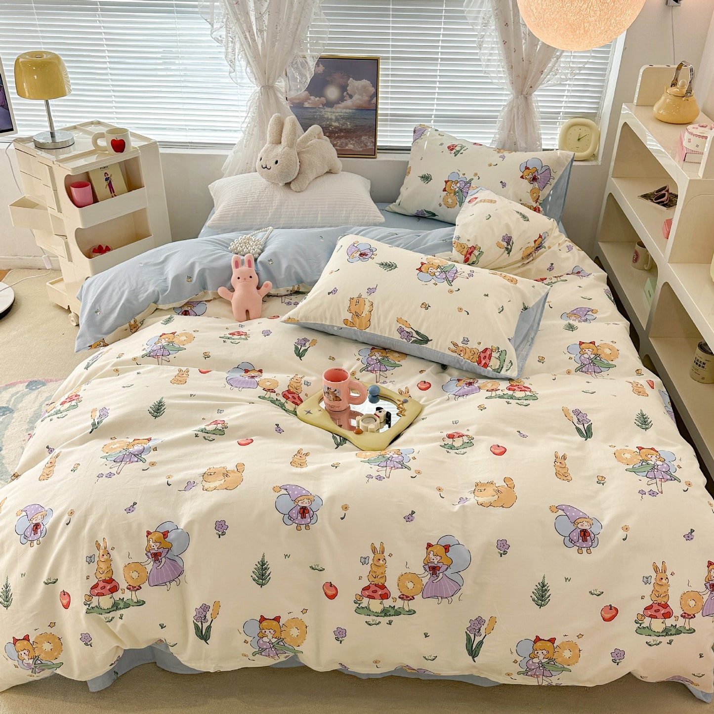 Ensemble de quatre pièces en coton, lapin Floral mignon, housse de couette en coton pastorale, drap de lit, ensemble de trois pièces