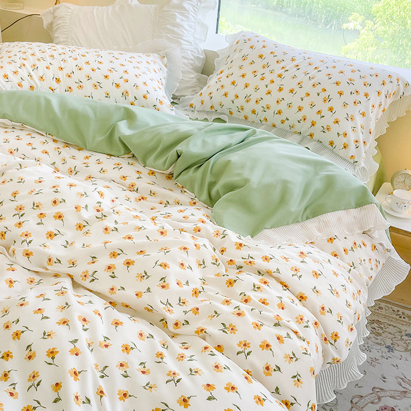 Petite housse de couette florale en coton lavé, ensemble de draps de lit quatre pièces