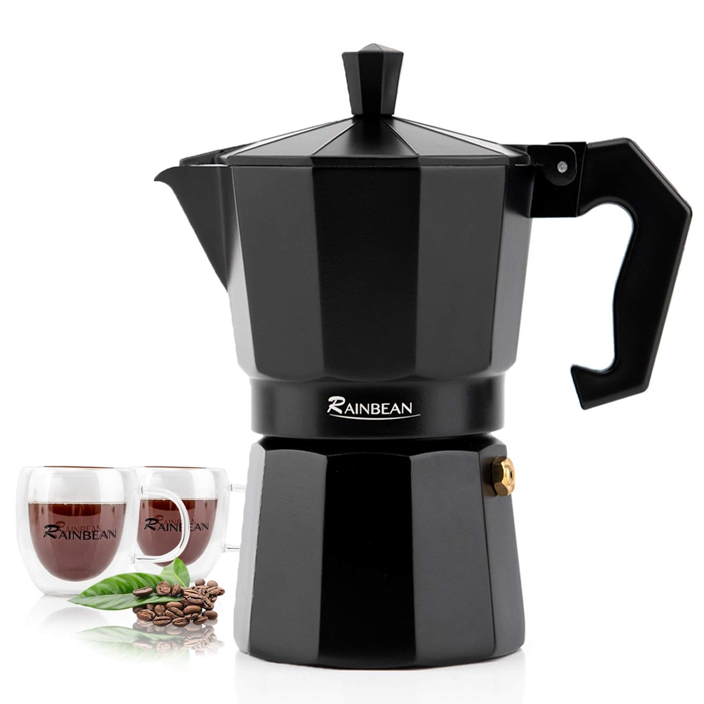 Machine à expresso sur cuisinière, tasse à expresso, cafetière à moka classique, cafetière à percolateur, expresso italien pour gaz ou électrique, aluminium noir, paquet cadeau avec 2 tasses Plate-forme Amazon interdite