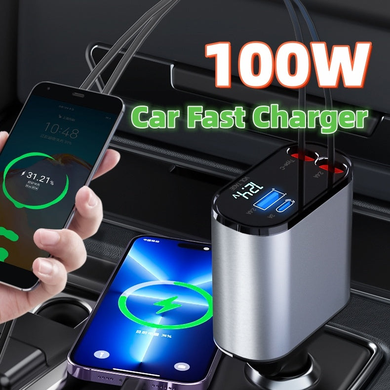 Cargador de coche de metal, encendedor de cigarrillos de carga súper rápido de 100W, adaptador USB y TYPE-C